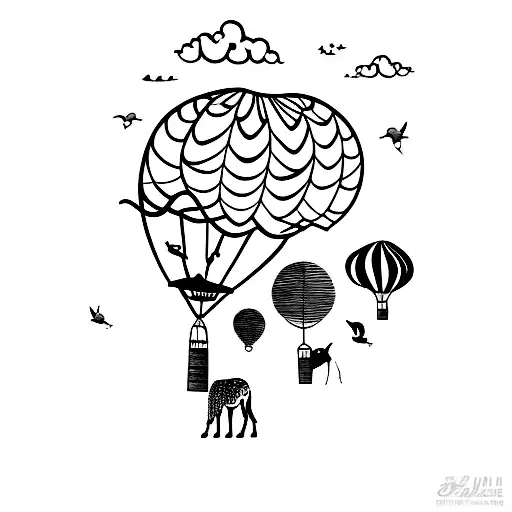 A beautiful painting of an African safari scene with animals and a hot air balloon in the background tattoo design idea