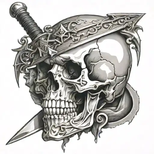 A skull with a Damocles sword hanging above it, representing the constant threat of illness  cluster headache tattoo design idea
