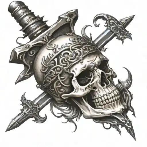 A skull with a Damocles sword hanging above it, representing the constant threat of illness in a commercial setting tattoo design idea