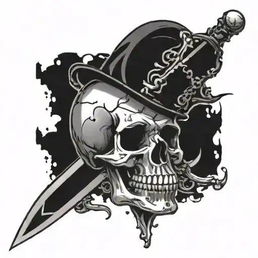 A skull with a Damocles sword hanging above it, representing the constant threat of illness in a commercial setting tattoo design idea