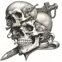 A skull with a Damocles sword hanging above it, representing the constant threat of illness  cluster headache tattoo design idea