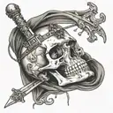A skull with a Damocles sword hanging above it, representing the constant threat of illness  cluster headache tattoo design idea