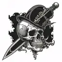 A skull with a Damocles sword hanging above it, representing the constant threat of illness in a commercial setting tattoo design idea
