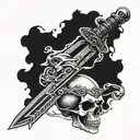 A skull with a Damocles sword hanging above it, representing the constant threat of illness in a commercial setting tattoo design idea