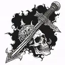 A skull with a Damocles sword hanging above it, representing the constant threat of illness in a commercial setting tattoo design idea