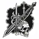 A skull with a Damocles sword hanging above it, representing the constant threat of illness in a commercial setting tattoo design idea
