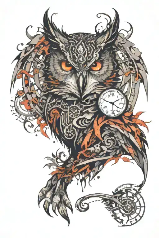 Owl, wolf, dragon, time running tattoo design idea