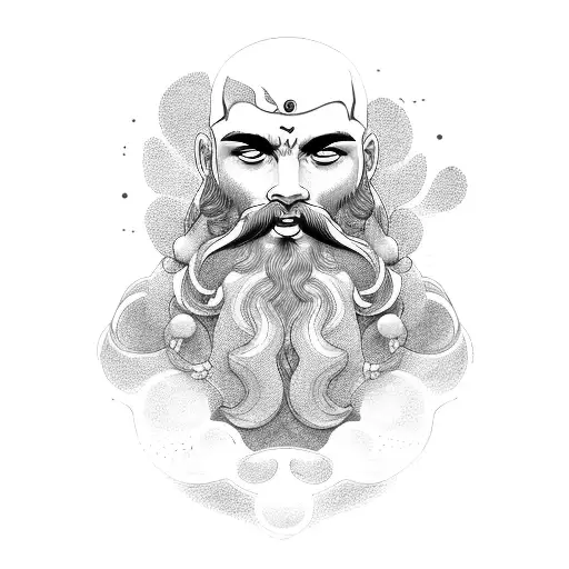 rosto de perfil poseidon com uma barba longa, com ondas e um tridente  tattoo design idea