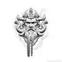 rosto de perfil poseidon com uma barba longa, com ondas e um tridente  tattoo design idea