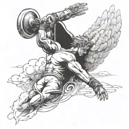 create sketch style bicep tattoo where the keft side is heavenly wings and the right side is wispy clouds  tattoo design idea