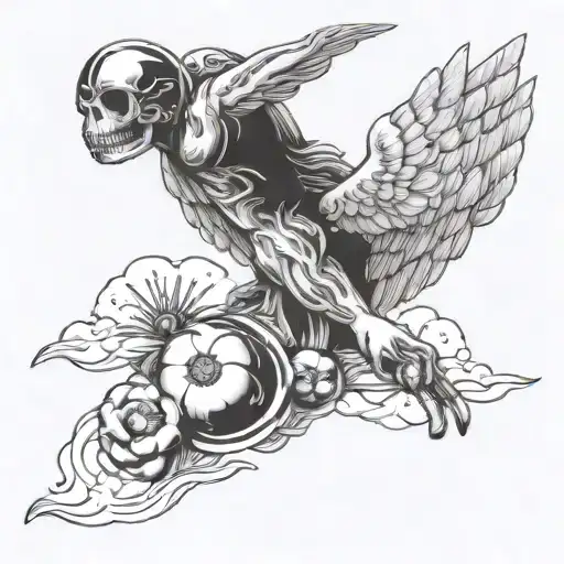 create sketch style bicep tattoo where the keft side is heavenly wings and the right side is wispy clouds  tattoo design idea