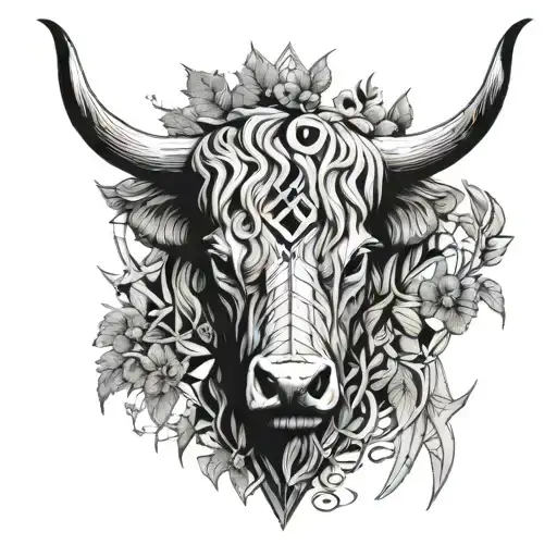 Highland cattle skull, world, tree tattoo design idea