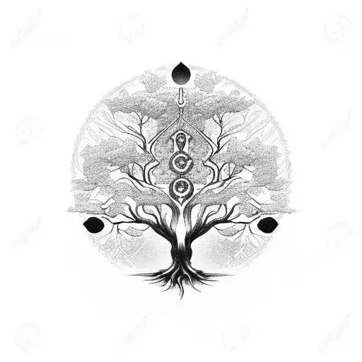 A tree of life with alchemical symbols as its roots, representing the interconnectedness of nature and spirituality tattoo design idea