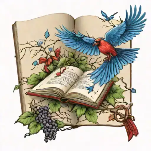 open book with branches and vines growing out of them making a path with blue jays and cardinals flying around.  tattoo design idea