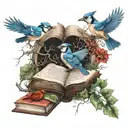 open book with branches and vines growing out of them making a path with blue jays and cardinals flying around.  tattoo design idea