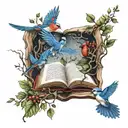 open book with branches and vines growing out of them making a path with blue jays and cardinals flying around.  tattoo design idea