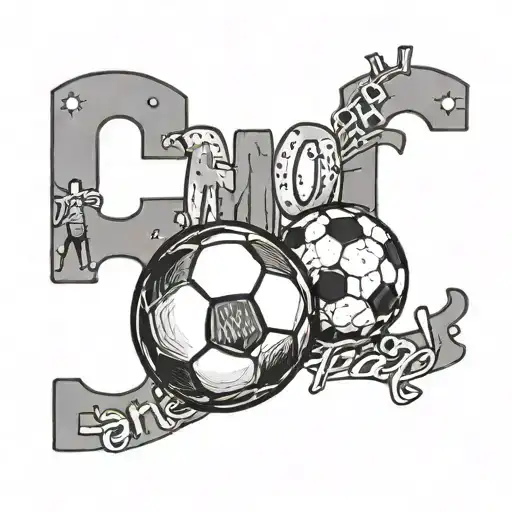 Bold lettering of the phrase 'Amor e Paz' with a black and grey illustration of a soccer field in a favela tattoo design idea