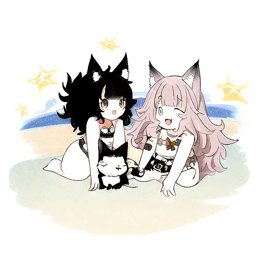 A tattoo of a Maine Coon cat and a Border Collie dog playing on the beach under a starry night sky, representing the client's favorite animals and love for the sea and stars tattoo design idea