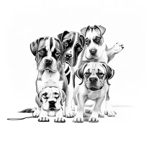 group of dogs with two boxers one huski and one beagle  tattoo design idea