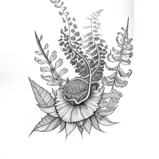 oblong flower tattoo sketch with ferns, white locust tree flowers, light purple lilacs, yellow bearded iris, and light p tattoo design idea