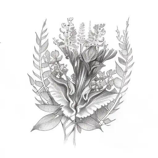 oblong flower tattoo sketch with ferns, white locust tree flowers, light purple lilacs, yellow bearded iris, and light p tattoo design idea