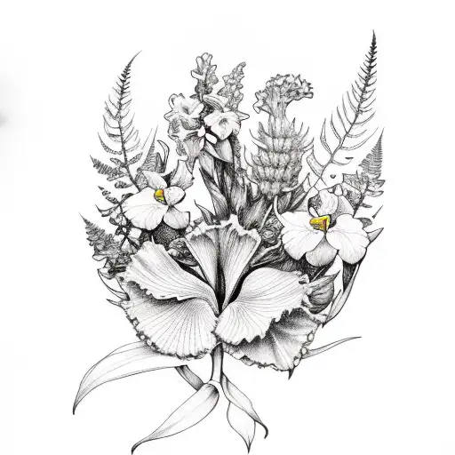 oblong flower tattoo sketch with ferns, white locust tree flowers, light purple lilacs, yellow bearded iris, and light p tattoo design idea