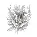oblong flower tattoo sketch with ferns, white locust tree flowers, light purple lilacs, yellow bearded iris, and light p tattoo design idea