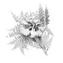 oblong flower tattoo sketch with ferns, white locust tree flowers, light purple lilacs, yellow bearded iris, and light p tattoo design idea