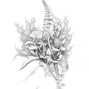 oblong flower tattoo sketch with ferns, white locust tree flowers, light purple lilacs, yellow bearded iris, and light p tattoo design idea