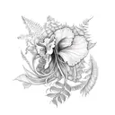 oblong flower tattoo sketch with ferns, white locust tree flowers, light purple lilacs, yellow bearded iris, and light p tattoo design idea