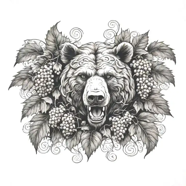 Grape vine wrapping with knot work and bear head snarling teeth tattoo design idea