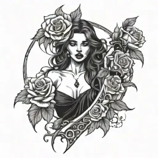 A femme fatale with a dagger in hand, surrounded by roses and thorns tattoo design idea