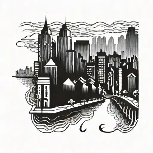 city silhouette outline flat horizontal tattoo design idea
