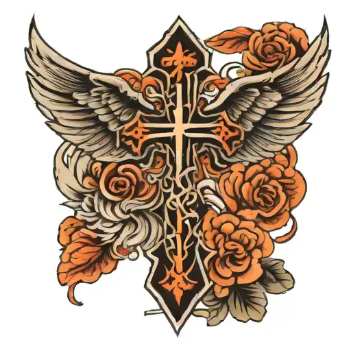 wings open cross tattoo design idea