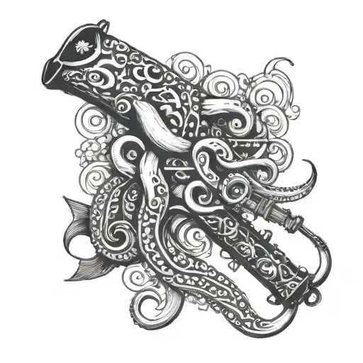 squid wrapping its tentacles around rifle tattoo design idea
