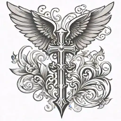 wings open cross tattoo design idea