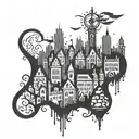 city silhouette outline flat line going tattoo design idea