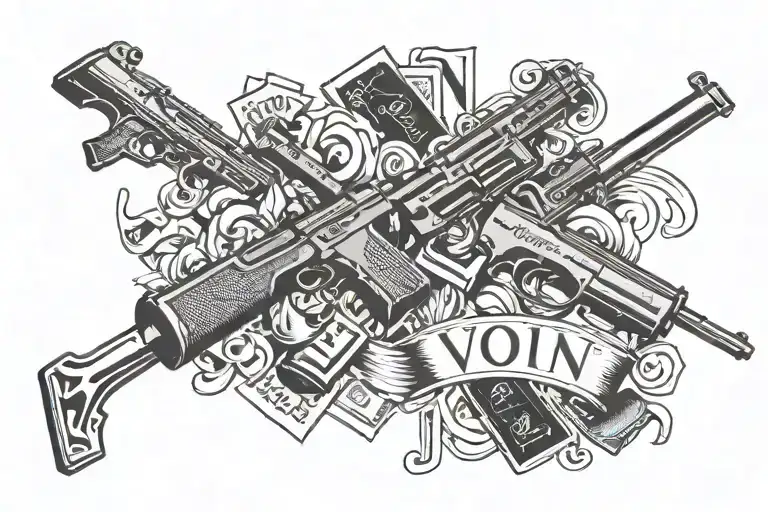 the word 'von' handwritten cursive font surrounded by guns and money  tattoo design idea