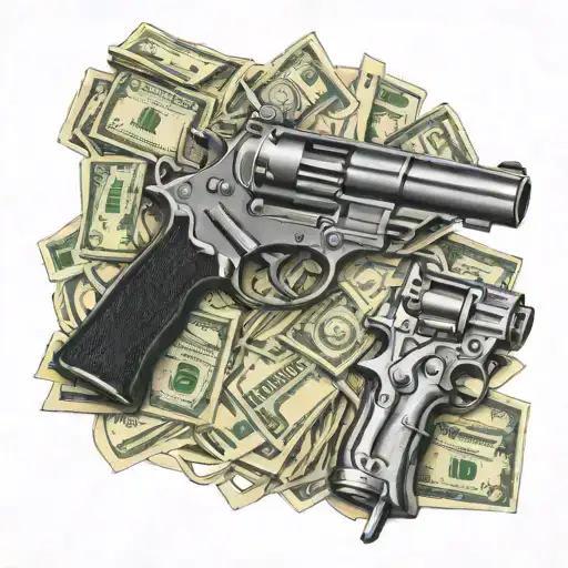 the word 'von' handwritten cursive font surrounded by guns and money  tattoo design idea