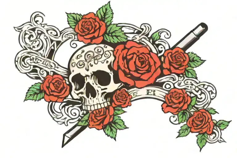 The word 'EBK' surrounded by skulls and roses tattoo design idea
