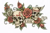The word 'EBK' surrounded by skulls and roses tattoo design idea
