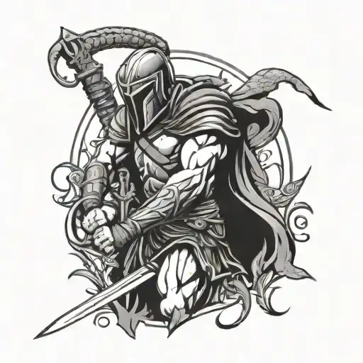 Spartan warrior with a snake around him braking shackles with a big sword written on it the word freedom  tattoo design idea