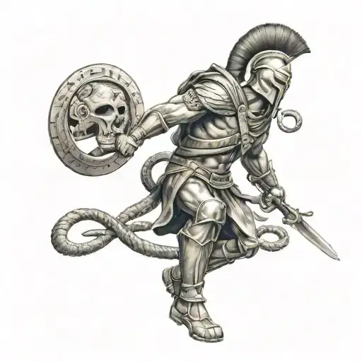 Spartan warrior with a snake around him braking cuffs with a big sword written on it freedom  tattoo design idea