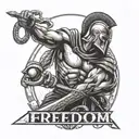 Spartan warrior with a snake around him braking shackles with a big sword written on it the word freedom  tattoo design idea