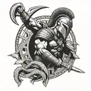 Spartan warrior with a snake around him braking shackles with a big sword written on it the word freedom  tattoo design idea
