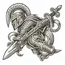 Spartan warrior braking cuffs with a big sword written on it freedom  tattoo design idea
