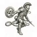 Spartan warrior with a snake around him braking cuffs with a big sword written on it freedom  tattoo design idea
