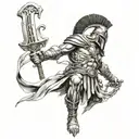Spartan warrior with a snake around him braking cuffs with a big sword written on it freedom  tattoo design idea