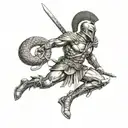 Spartan warrior with a snake around him braking cuffs with a big sword written on it freedom  tattoo design idea