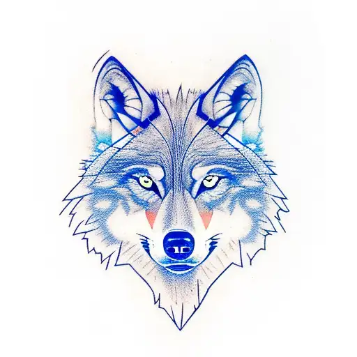 wolf head with blue eyes infront of forest tattoo design idea